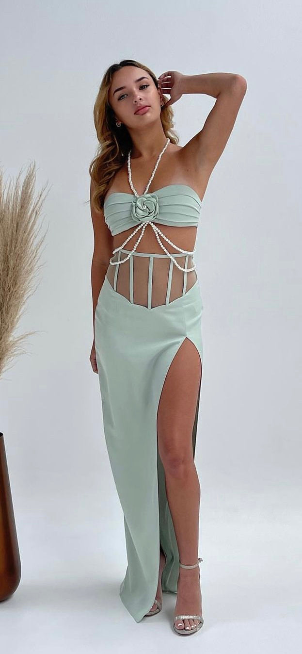 Daniela PEARL BEAD 3D FLOWER TOP & PANTS 2-PIECE SET