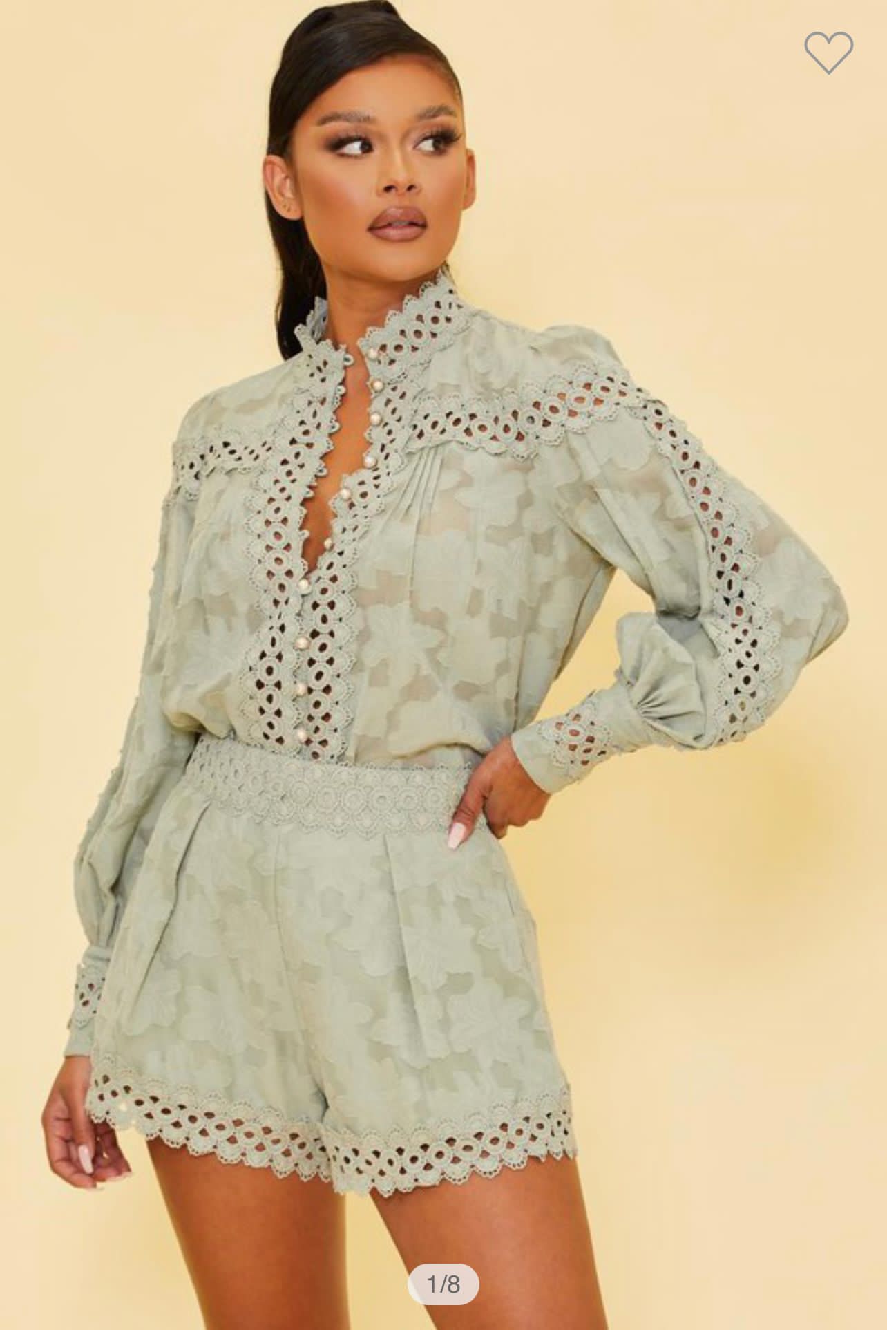 Green Long Sleeved Embroidery Romper