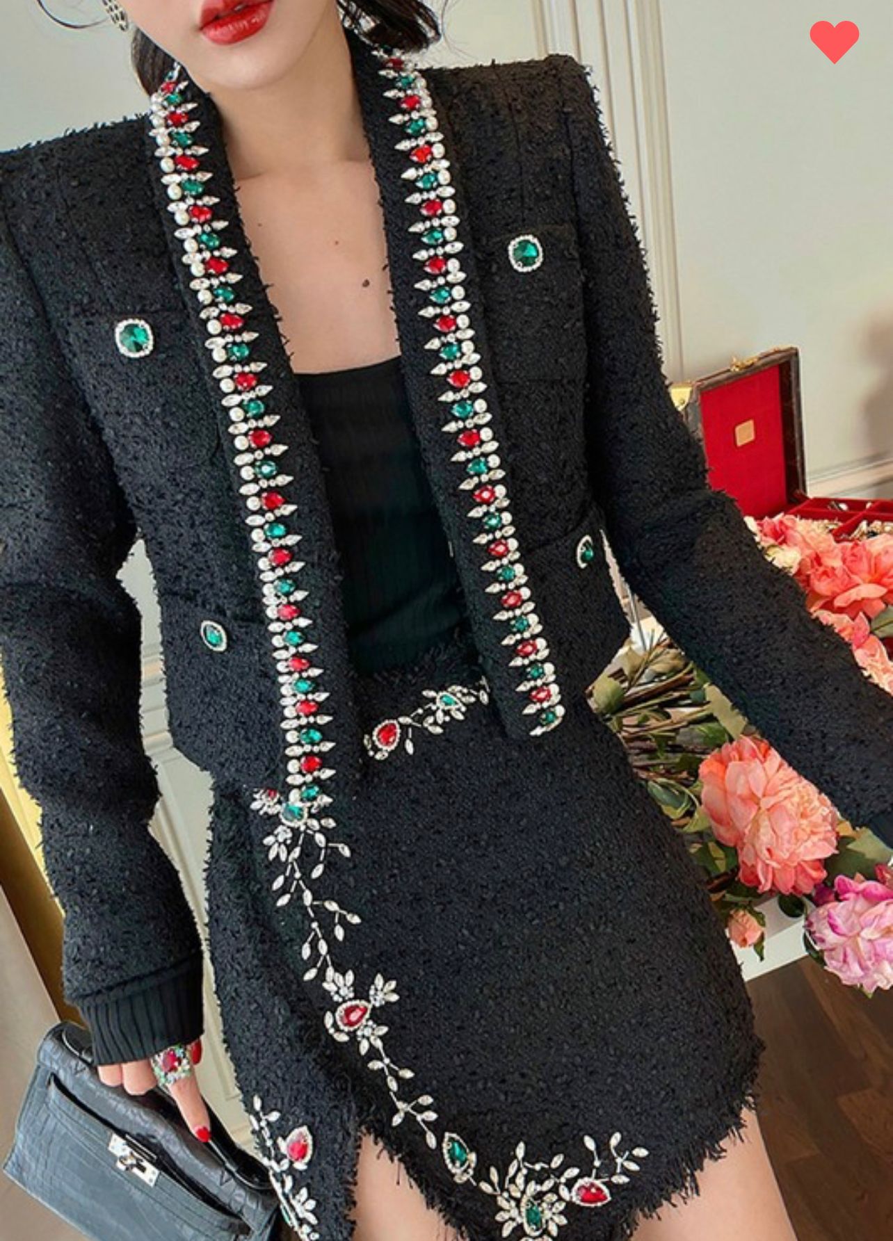 Jewel Embroidered Mock Wrap Mini Skirt