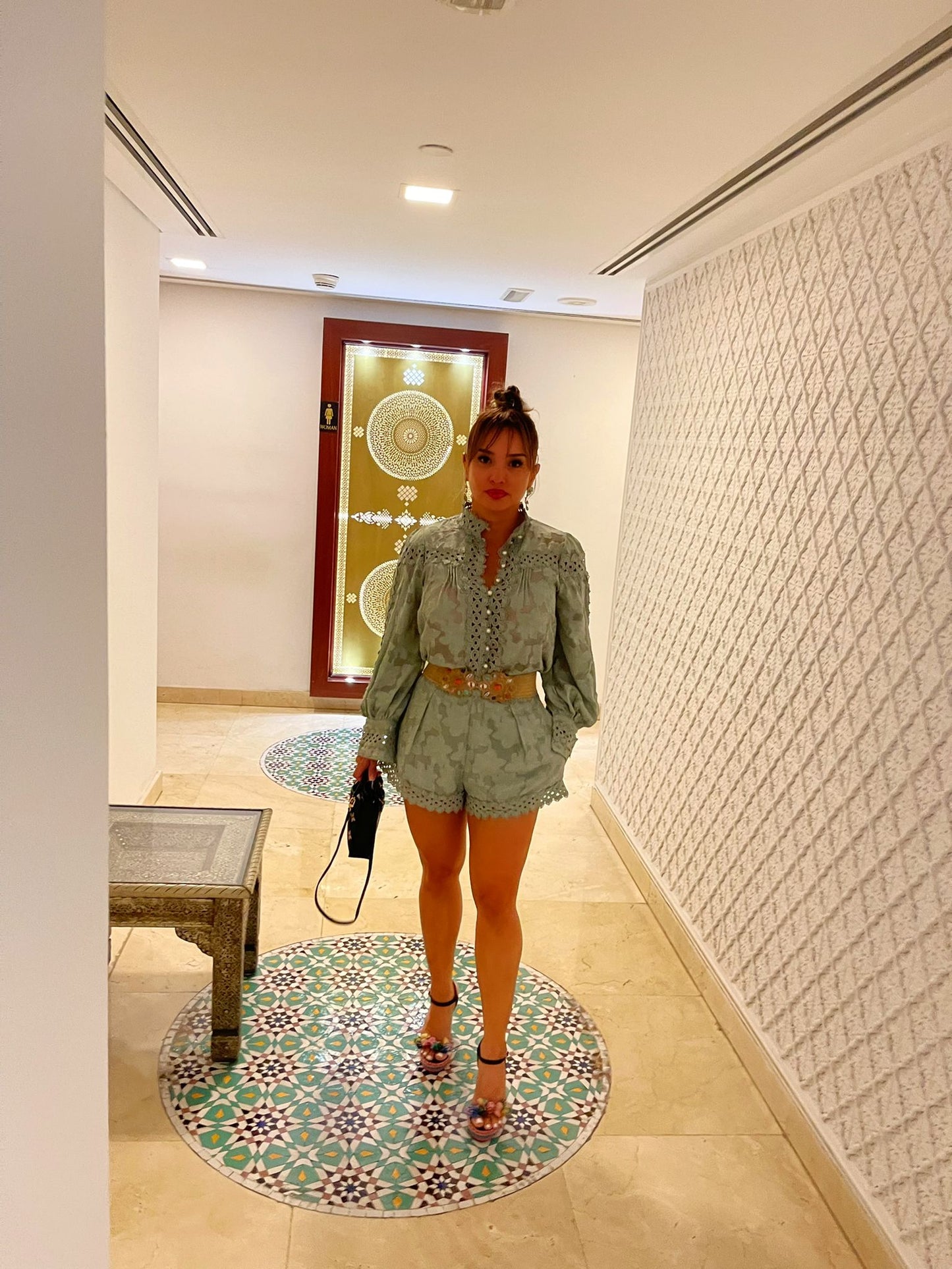 Green Long Sleeved Embroidery Romper