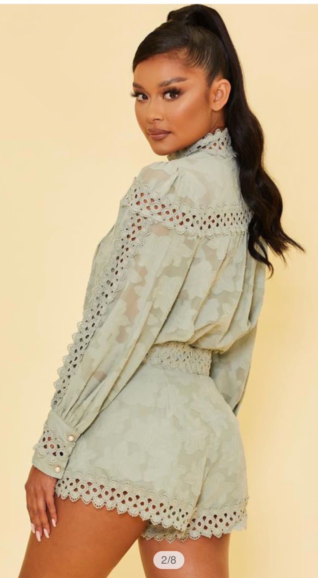 Green Long Sleeved Embroidery Romper