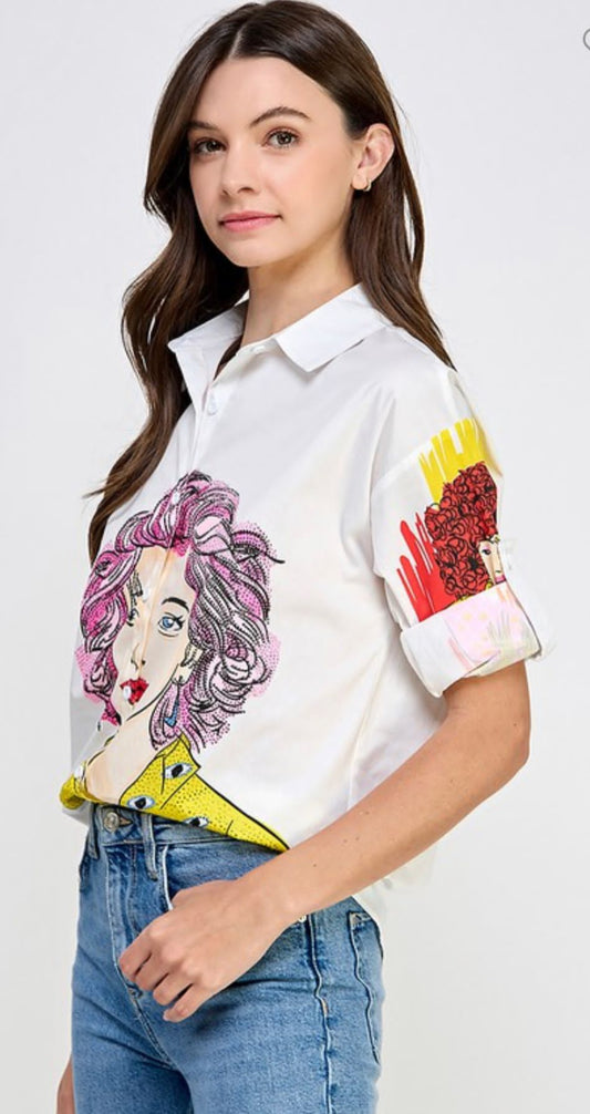 Shelby 3Q SLV Button Down Graphic Shirt