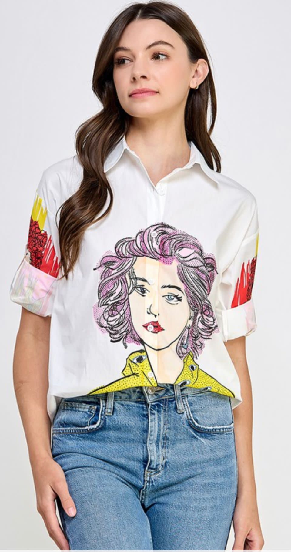 Shelby 3Q SLV Button Down Graphic Shirt