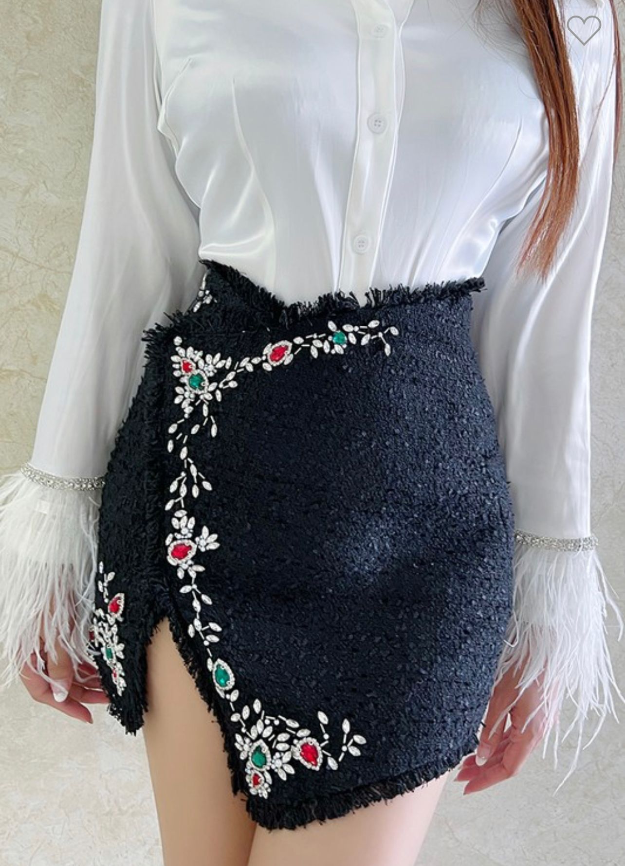 Jewel Embroidered Mock Wrap Mini Skirt