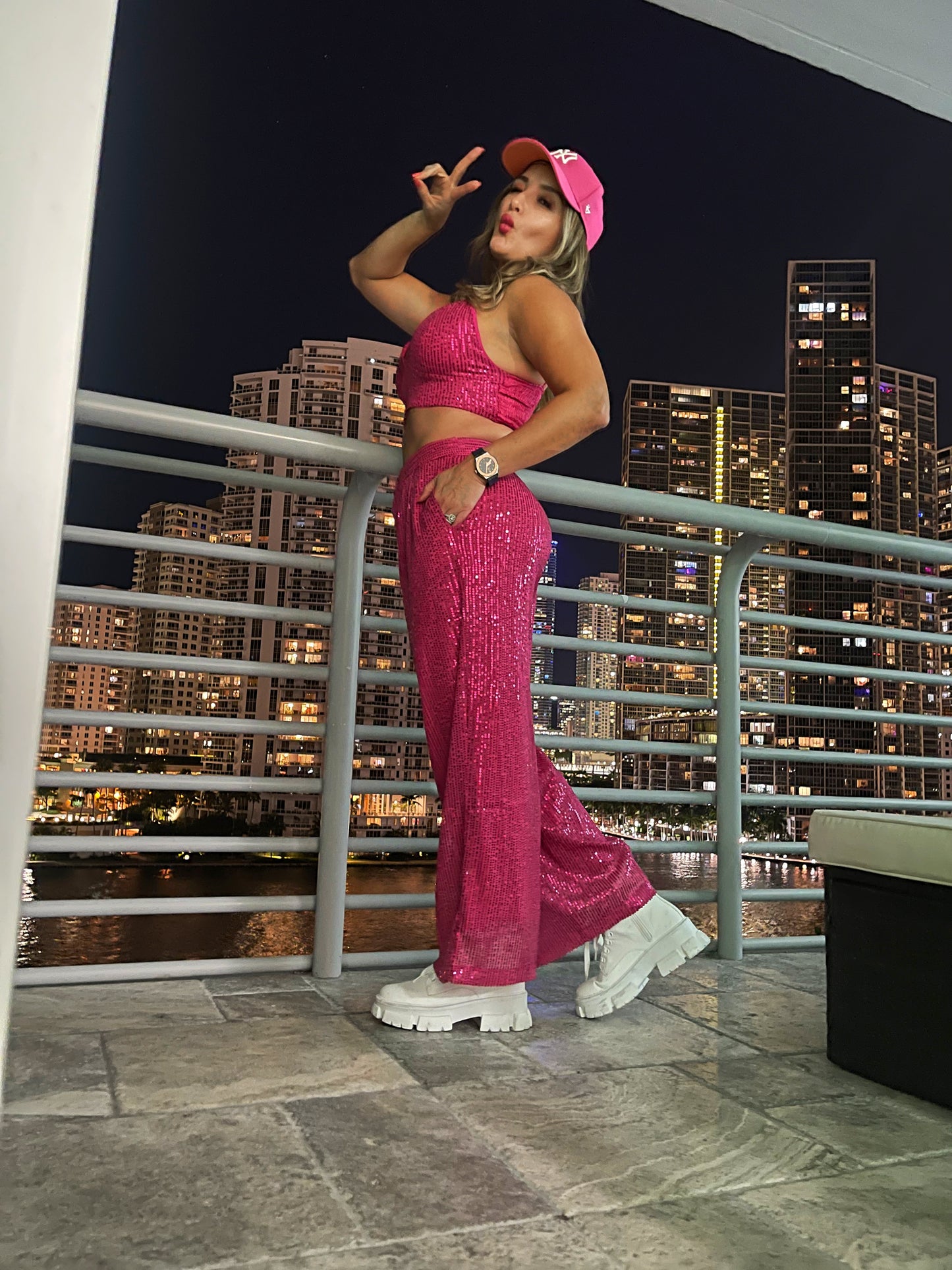 KG Pink Sequins top and Wide leg pants